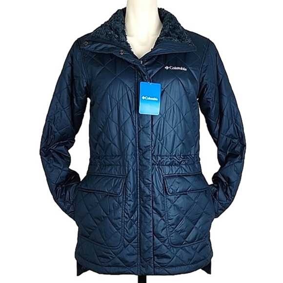 Columbia Women's Quilted Water Resistant Teal Emerald Green Jacket Faux Fur Sz S - Picture 5 of 12